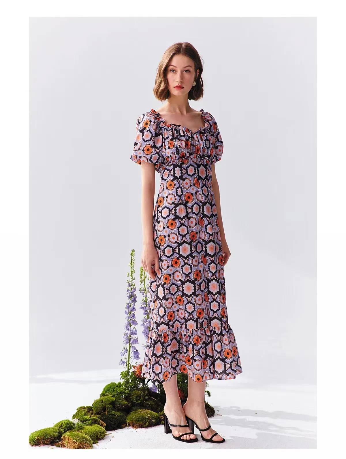 Vestidos de mujer impresos de cintura ajustada vintage elegante y de alta gama franceses