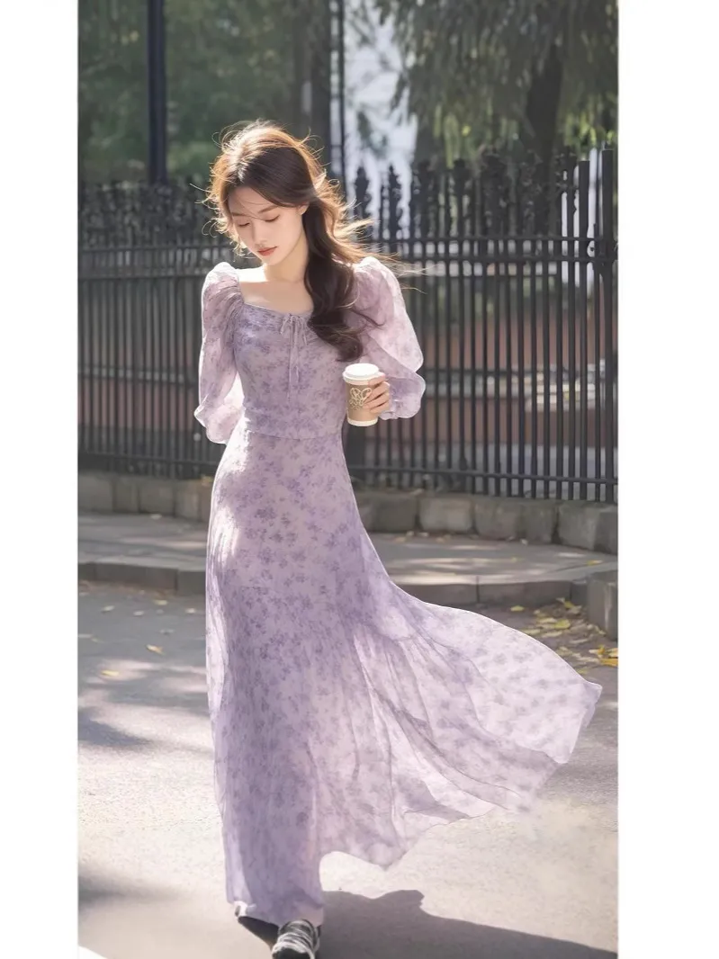 Nuevo vestido de boutique para mujeres de estilo francés en color púrpura con flores