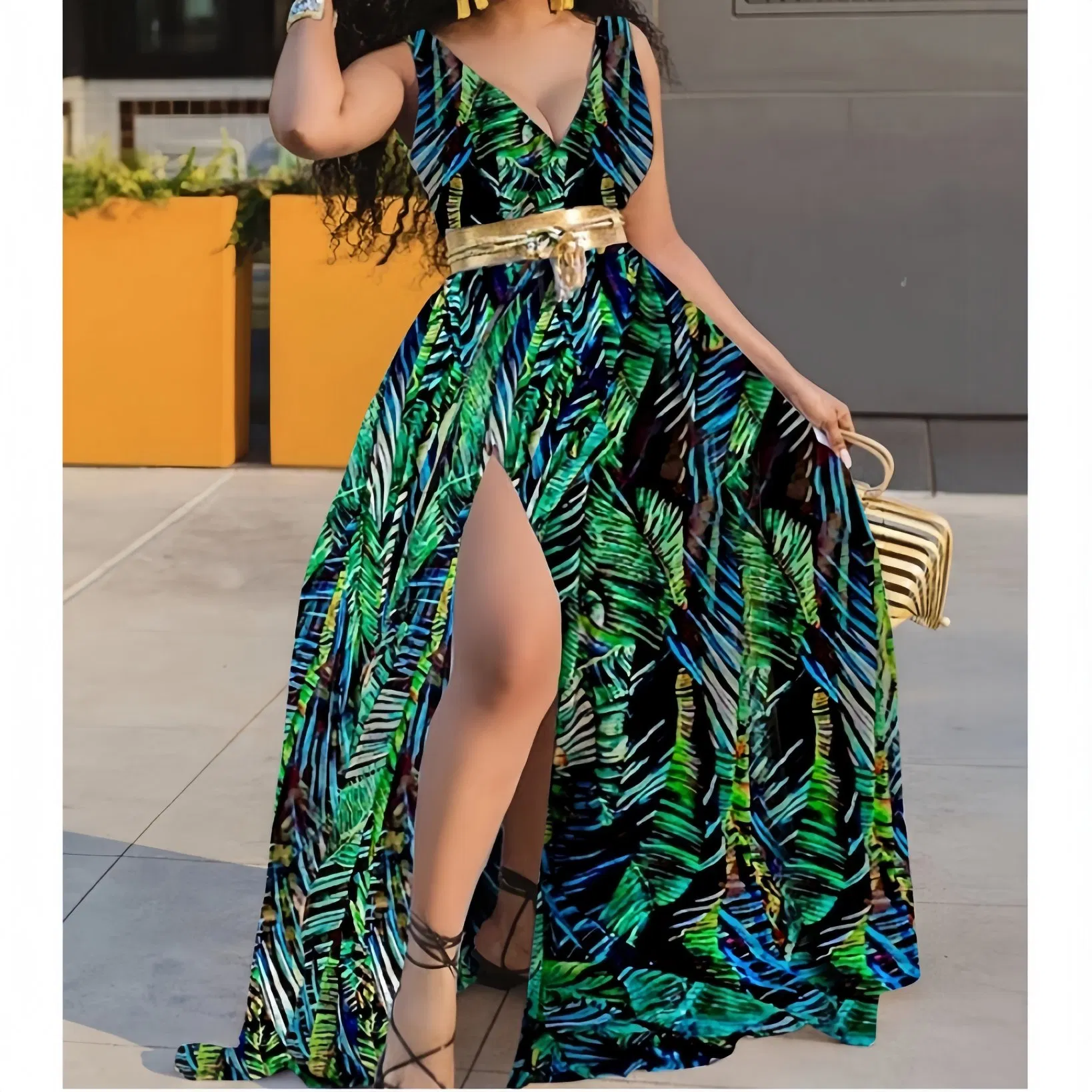 Fabricante de Ropa Personalizada Vestido Maxi Sexy con Abertura de Verano Estilo A-Line Impreso de Moda Sin Mangas con Escote en V Cintura Alta para Mujeres