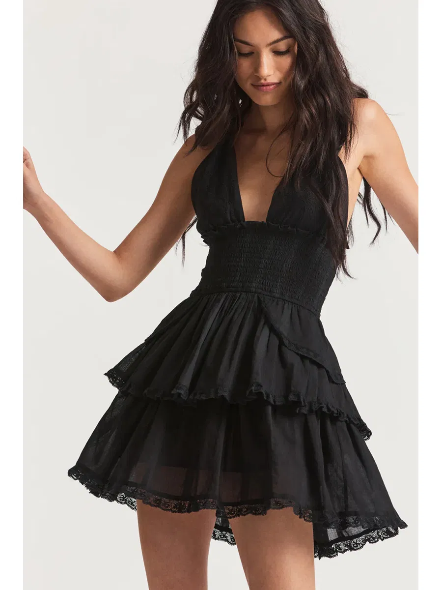 Vestido de verano mini con tirantes halter, sin espalda, con volantes y corte acampanado para mujer