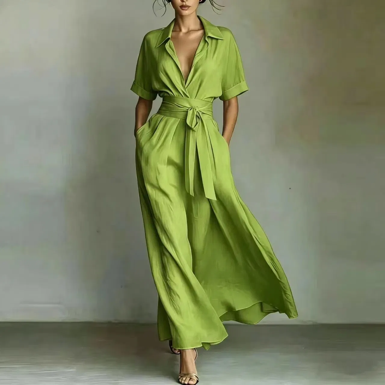 Estilo de vacaciones francés Exportar vestido de mujer elegante retro casual de color sólido, cintura alta, ajuste ceñido, favorecedor vestido midi, vestido casual de moda