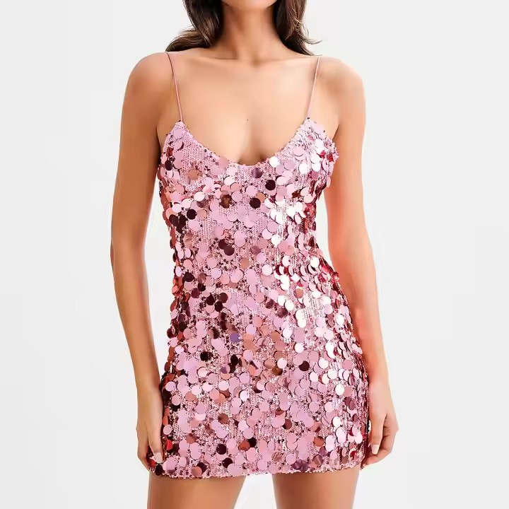 Vestidos de cóctel mini de lentejuelas brillantes para mujeres, vestido semi rosa para adolescentes, vestido sexy para fiesta nocturna