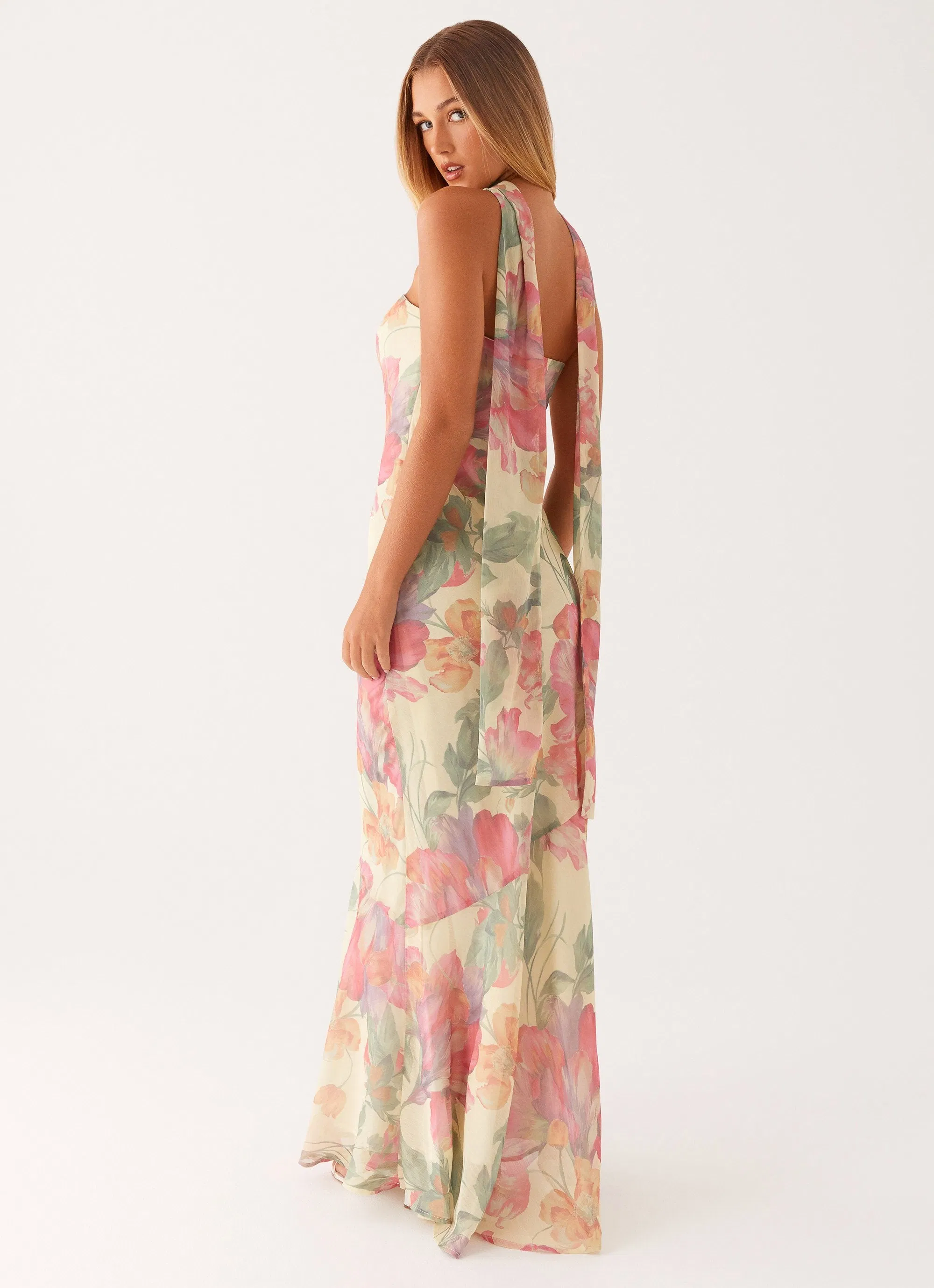 Vestido Maxi Sin Tirantes y Sin Espalda con Estampado Floral para Mujeres, Gown Formal Largo de Chifón con Cuello de Bufanda