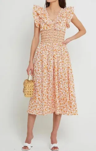 Vestido de Dama 2025 Nuevo Vestido de Punto Personalizado para Mujeres con Mangas Abullonadas, Escote Corazón, Impresión Floral, Con Abertura Lateral, Vestido Relajado para Fiesta o Cita