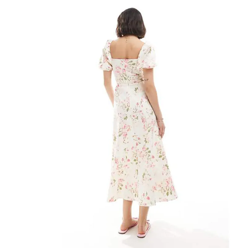 Vestido de Dama 2025 Nuevo Vestido de Punto Personalizado para Mujeres con Mangas Abullonadas, Escote Corazón, Impresión Floral, Con Abertura Lateral, Vestido Relajado para Fiesta o Cita
