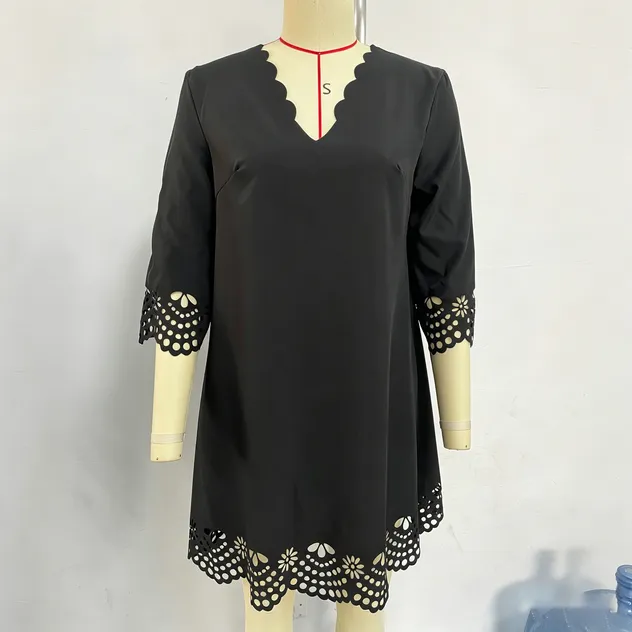 Vestido Mini de Cuello en V con Escote en Olas para Mujeres 3/4 Sin Mangas Corte Láser Casual Suelto Corto Vestido Personalizado OEM ODM