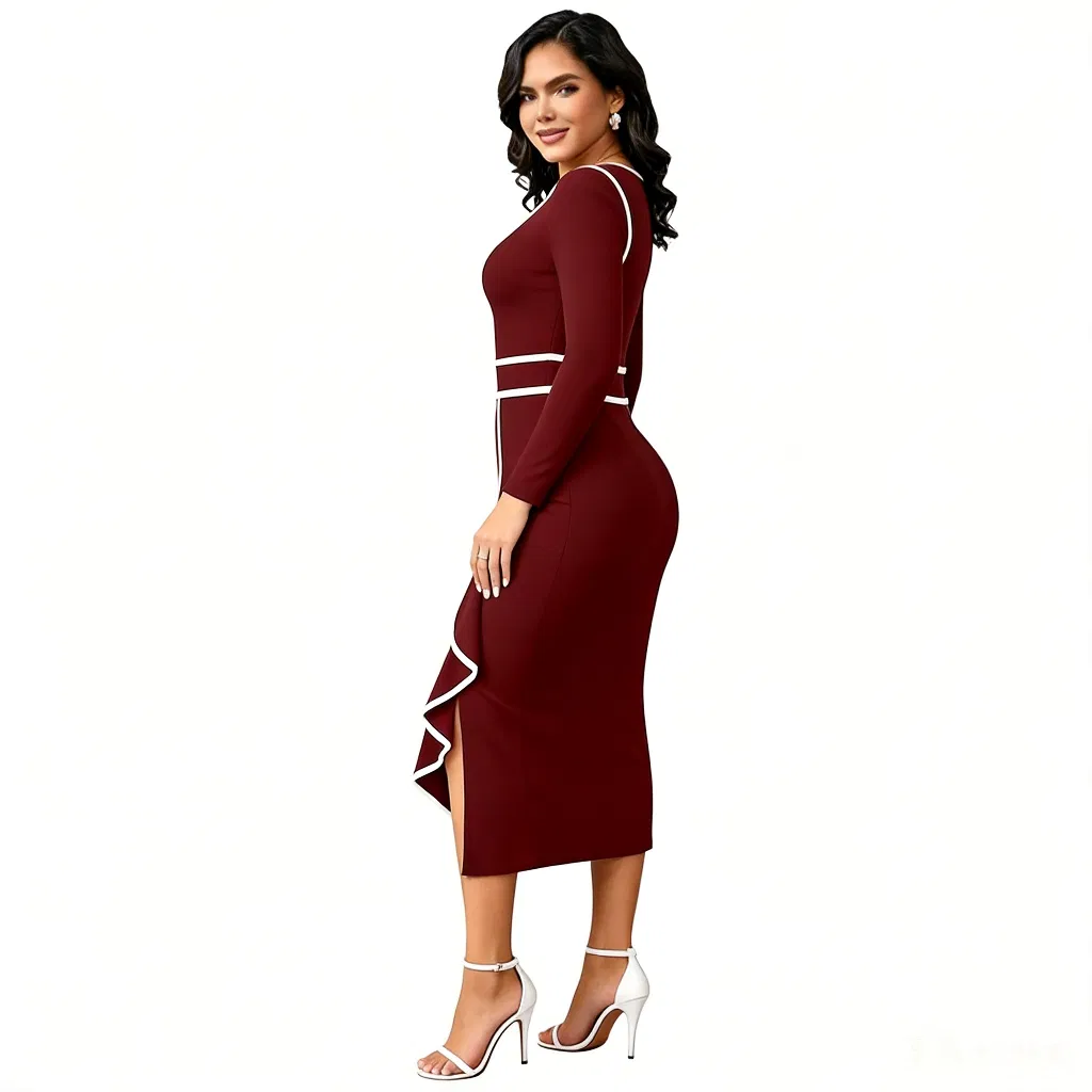 Vestido midi ajustado burdeos con ribete blanco, de manga larga, con escote en forma de llave, contraste en el dobladillo con volantes y abertura, elegante para fiestas y oficina