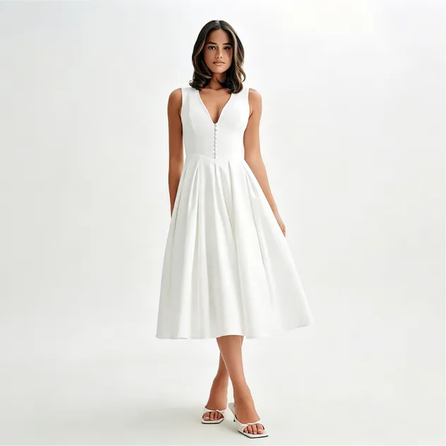 Vestido midi blanco sin mangas con cuello en V y cintura alta para mujer - Detalle de botones