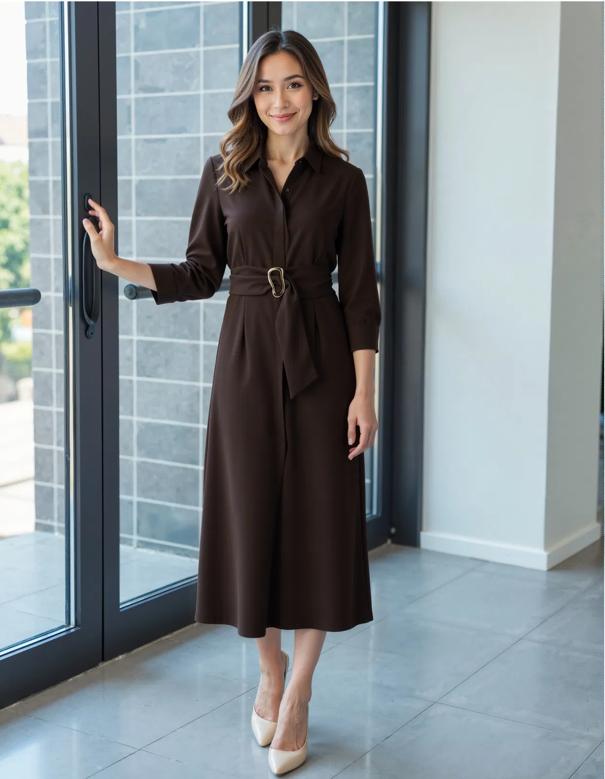 Vestido Midi Camisero con Cinturón para Mujeres