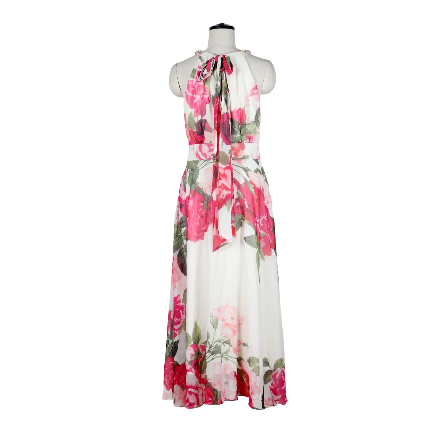 Vestido maxi de tirantes halter con estampado floral y cuello con cuentas, y lazo en la espalda para eventos formales y como invitada de boda