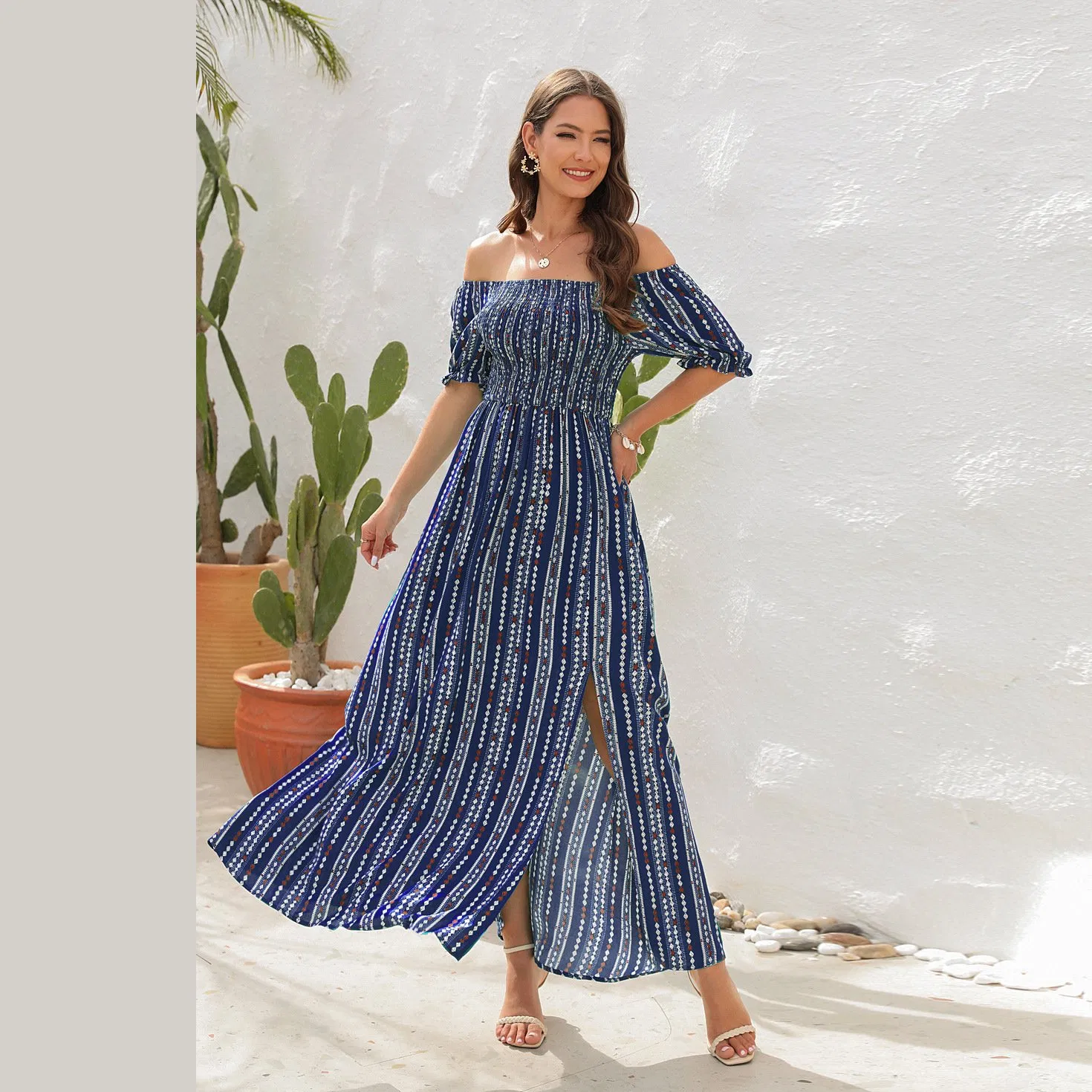 Vestido de noche largo de satén con abertura alta y un hombro para mujer