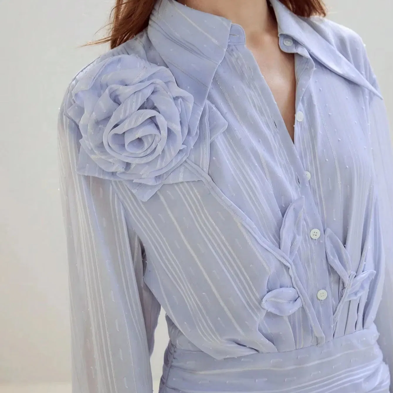 Vestido de camisa con volantes elegante, cuello puntiagudo, de un solo botón, de manga larga, mini falda para mujeres
