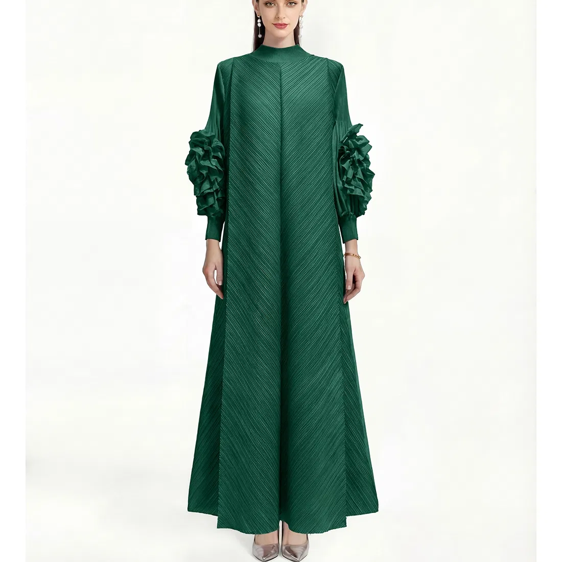 Vestido Vintage Plisado de Color Sólido para Mujeres Estilo Niche Ligero y Maduro Vestido Largo Suelto