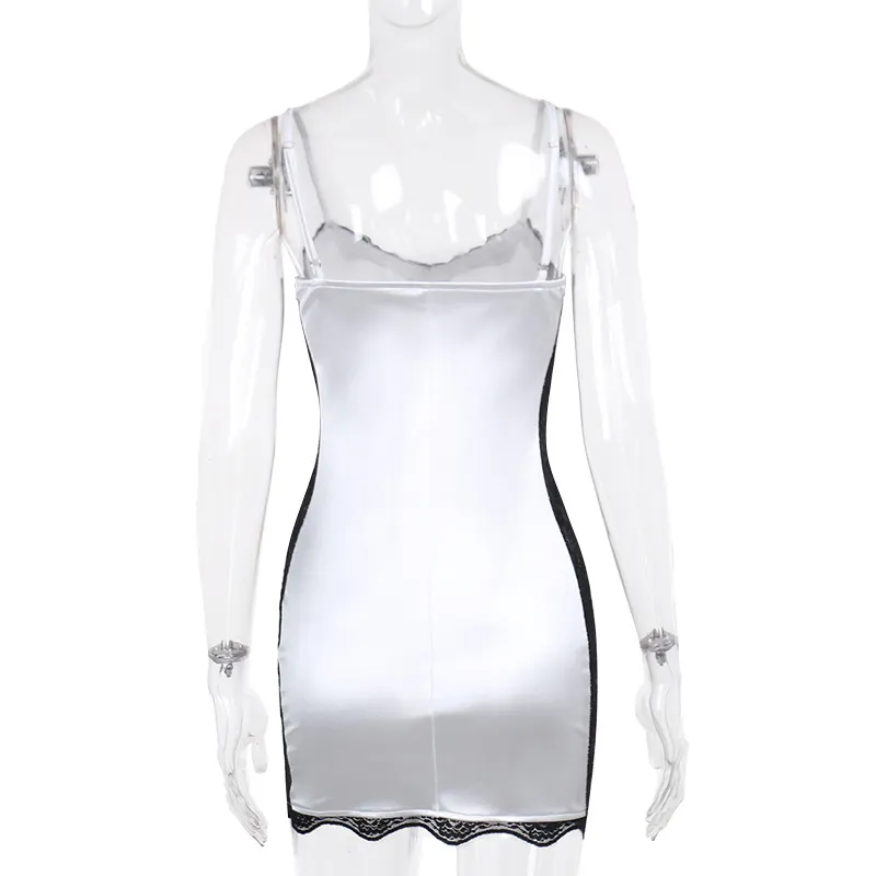 Vestido mini de satén para mujer con tirantes, fruncido, con cordones, cruzado, ajustado, sexy, elegante para fiesta y club