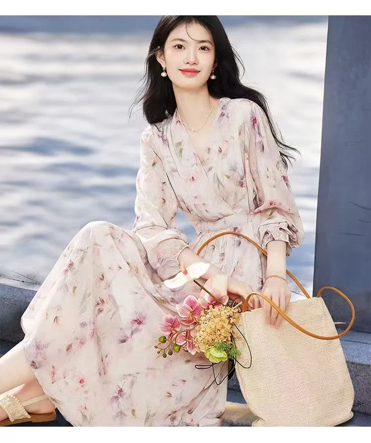 Estilo francés romántico y elegante vestido de playa impreso con flores para mujeres