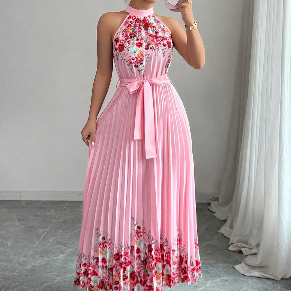 Nuevo vestido largo plisado impreso y a la moda para la ropa de mujer