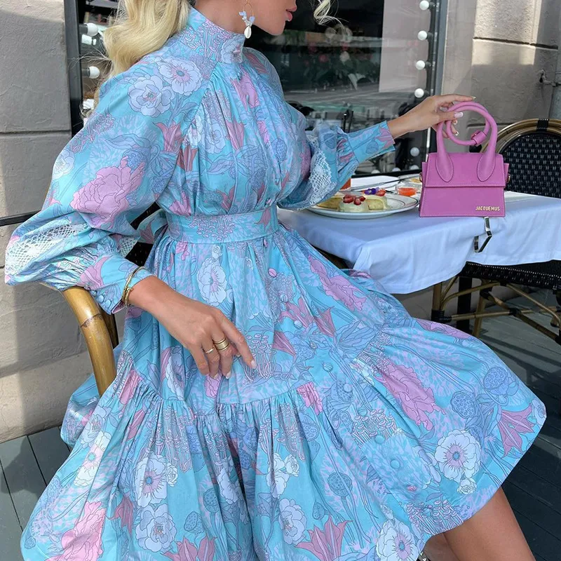 Nueva mujer prima; vestido de camisa impresa de gran vuelo con cuello alto de manga larga
