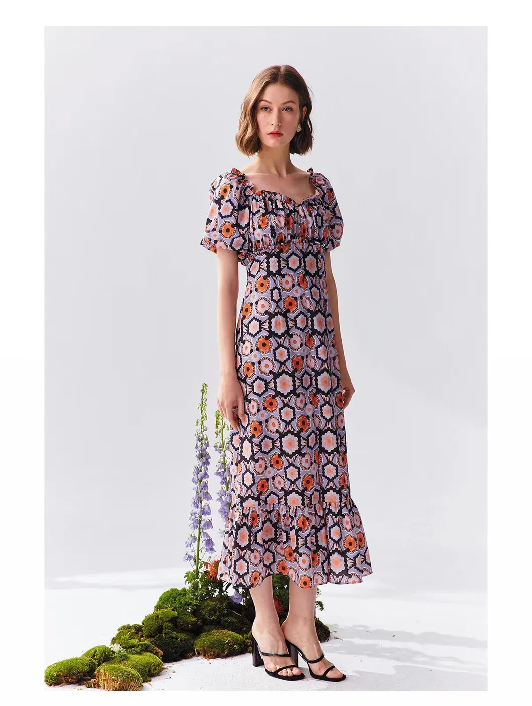 Vestidos de mujer impresos de cintura ajustada vintage elegante y de alta gama franceses