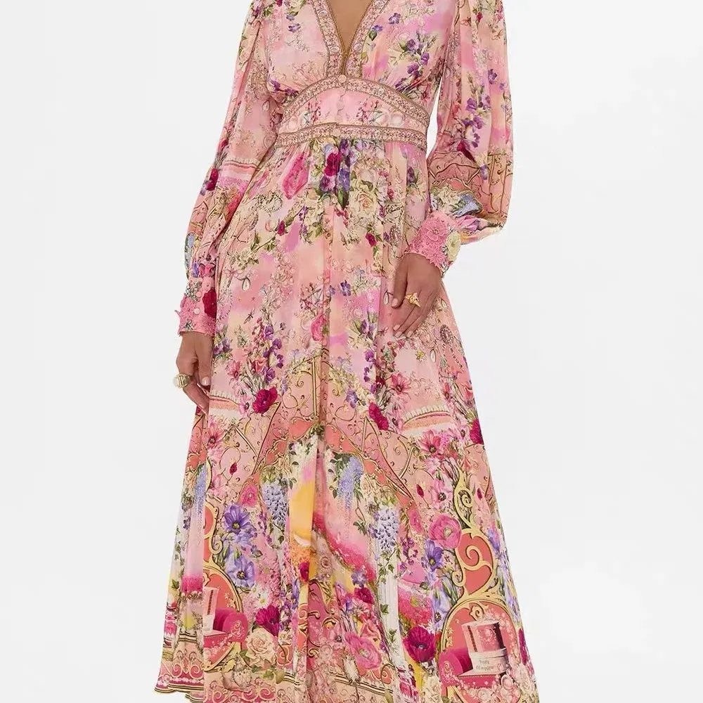 Vestido Vintage de Cuello en V, Cintura Alta, Ajustado, con Estampado Francés, Hecho a Medida con Diseño Lujoso, Vestido de Fiesta para Ocasiones Especiales