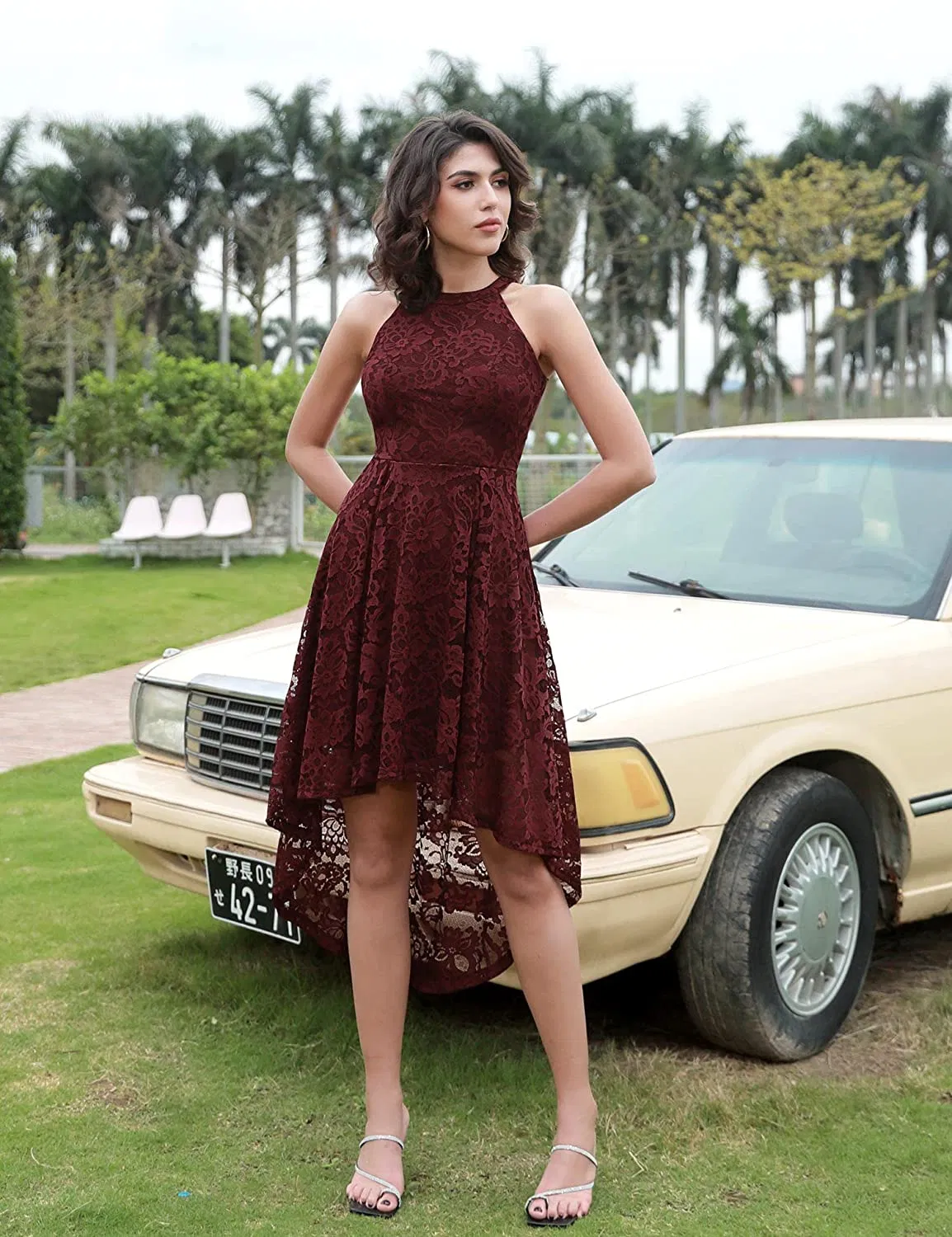 Vestido de cóctel de encaje floral sin mangas para mujer, vestido de dama de honor con dobladillo asimétrico