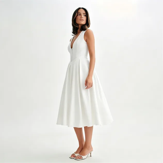Vestido midi blanco sin mangas con cuello en V y cintura alta para mujer - Vista trasera
