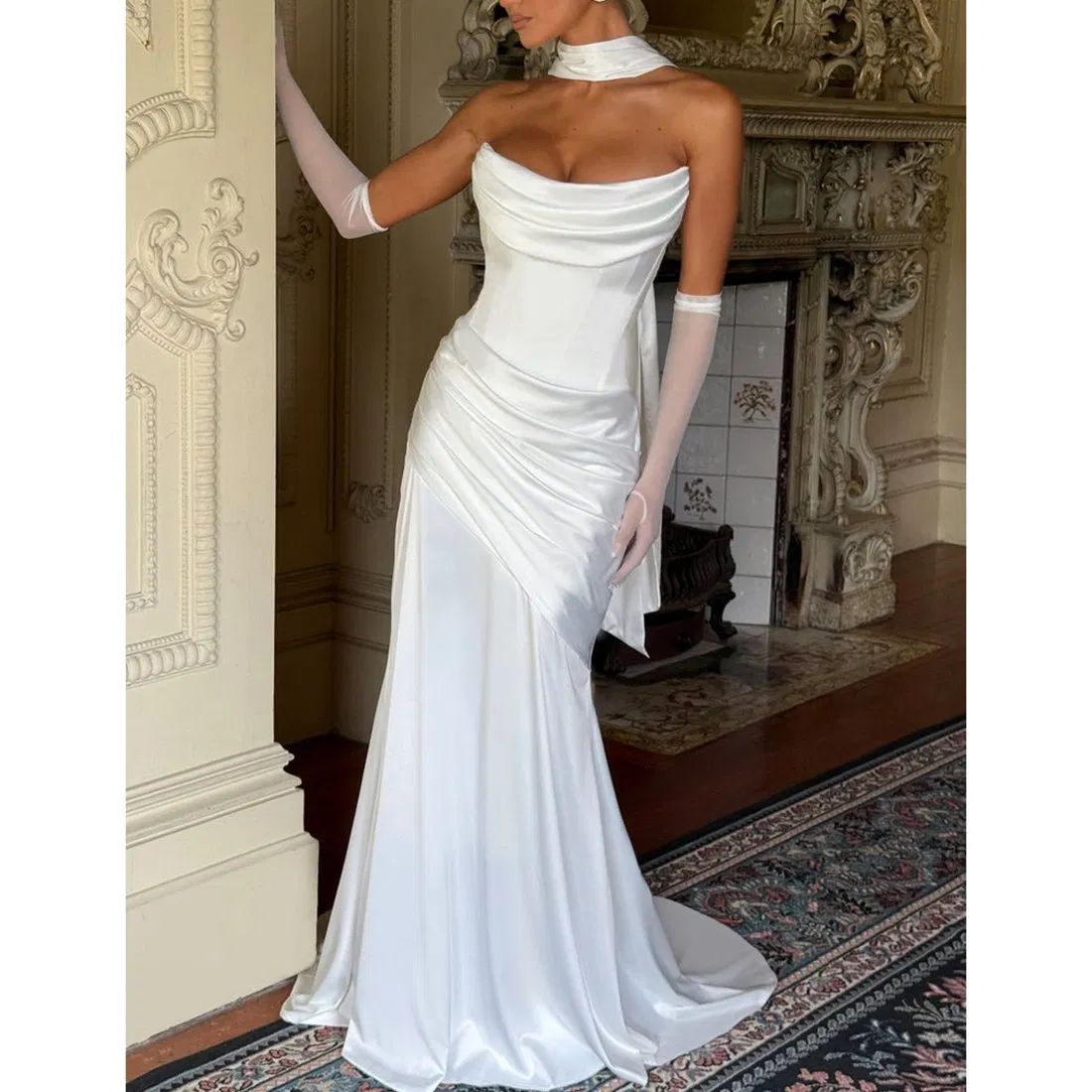 Vestido de lujo ligero de alta calidad para mujer, sin tirantes, con hueso de pescado, plisado y ajustado