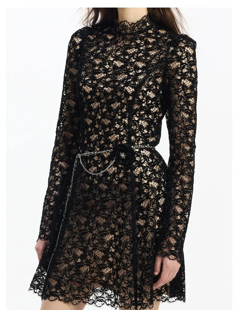 Vestido MIDI de lujo para mujeres al por mayor, personalizado, con encaje formal, mangas largas y diseño de cuello redondo alto