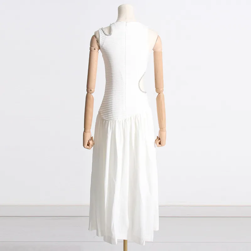 Vestido Largo Adelgazante de Cintura Primavera Nuevo Diseño Sin Mangas Sensación Hueca Vestidos Plisados para Mujeres