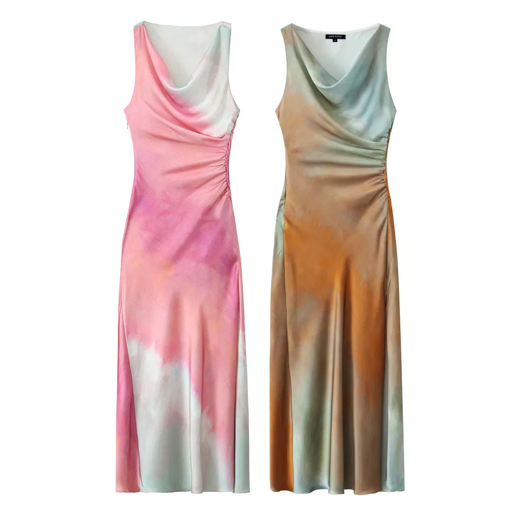 Vestido MIDI impreso en tie dye de ajuste slim para mujeres, moda de boutique, vestido de satén elegante, ropa de estilo europeo, vestidos sexys, OEM ODM
