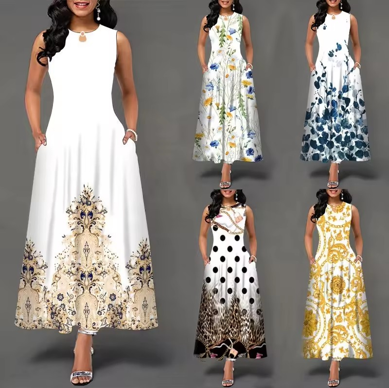Vestido largo sin mangas de alta calidad con estampado de posicionamiento para mujeres, vestido maxi bohemio vintage
