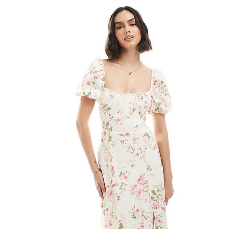 Vestido de Dama 2025 Nuevo Vestido de Punto Personalizado para Mujeres con Mangas Abullonadas, Escote Corazón, Impresión Floral, Con Abertura Lateral, Vestido Relajado para Fiesta o Cita