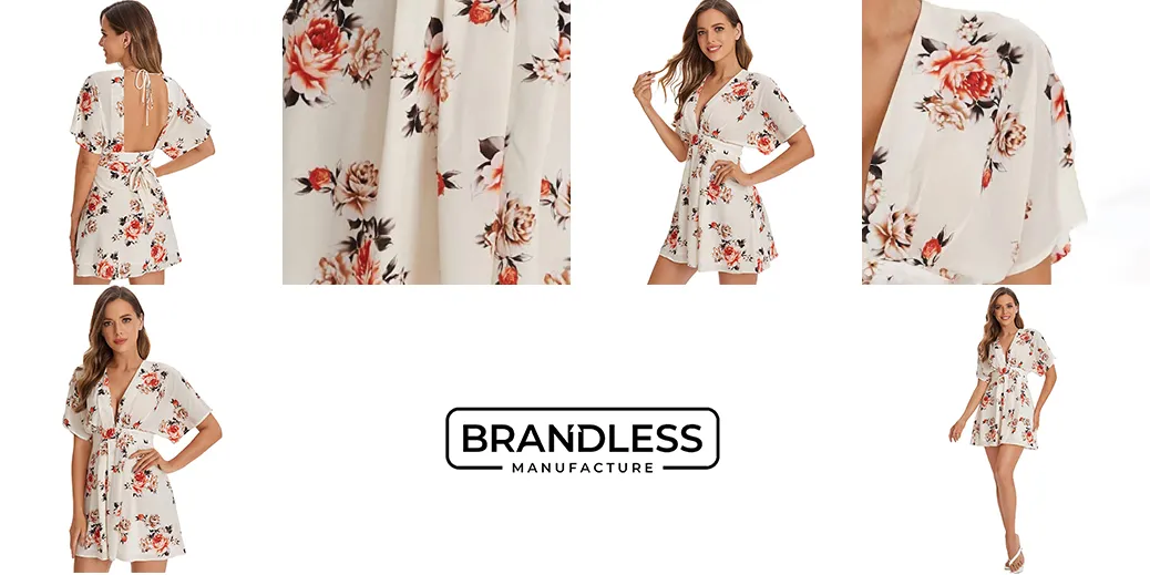 Vestido de playa floral sexy para mujeres de primavera y verano, ropa disponible para diseño de ropa personalizada, impresión de logotipo de marca, precio al por mayor
