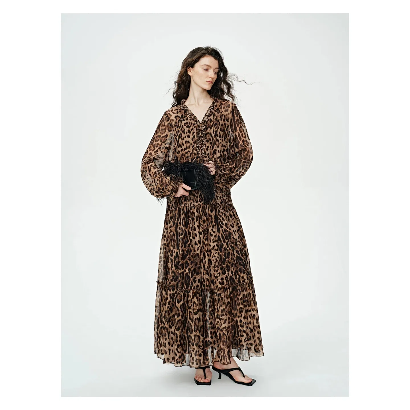 Vestido largo de manga larga de leopardo