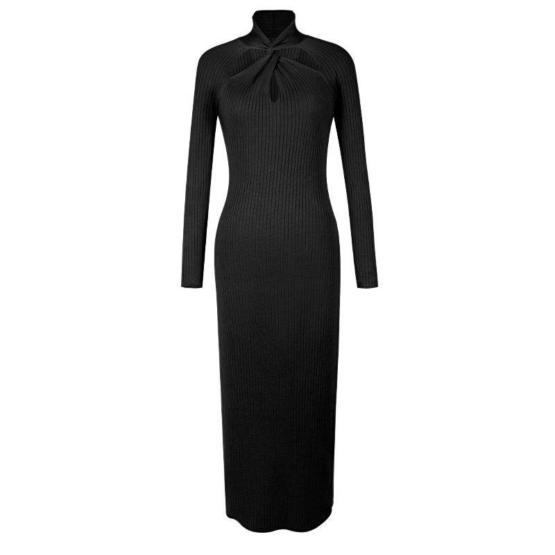 Vestido largo de punto azul claro de manga larga y cuello alto para mujeres elegantes, vestido ceñido de canalé para fiestas de cóctel