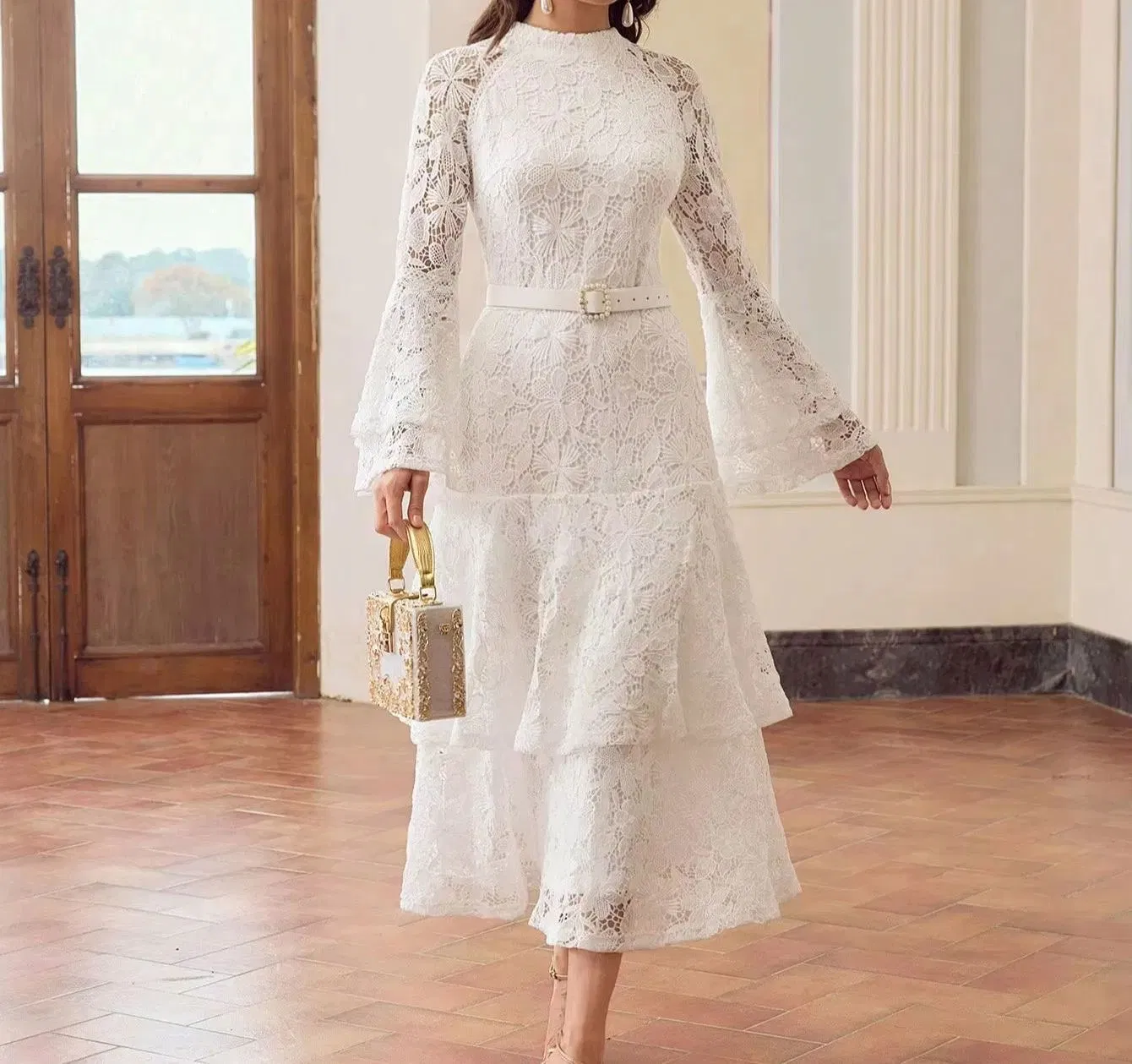 2025new Vestido Elegante de Manga Larga de Encaje con Corte Hueco Vestido Corto de Mujer de Cintura Alta Blanco Vestidos Casuales