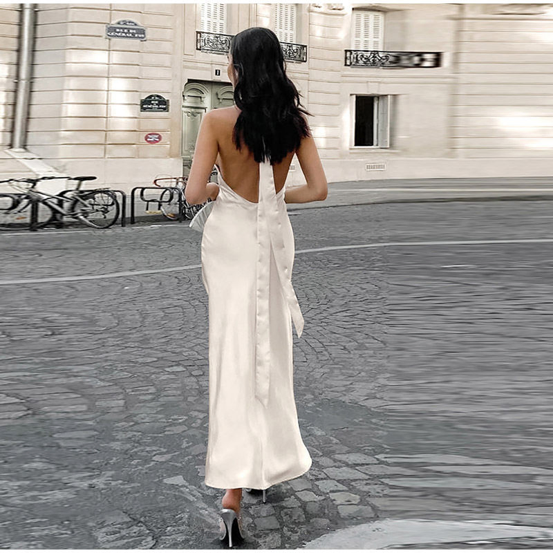 Nuevo Diseño Mayorista Verano Sin Espalda Con Cierre Vintage Fiesta Falda Con Abertura Vestidos Elegantes Para Mujeres Sexy Halter Vestido De Satén