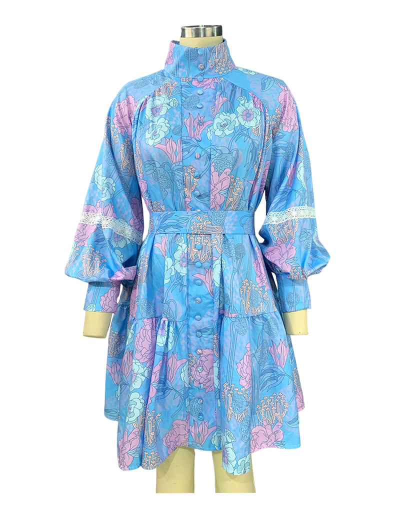 Nueva mujer prima; vestido de camisa impresa de gran vuelo con cuello alto de manga larga