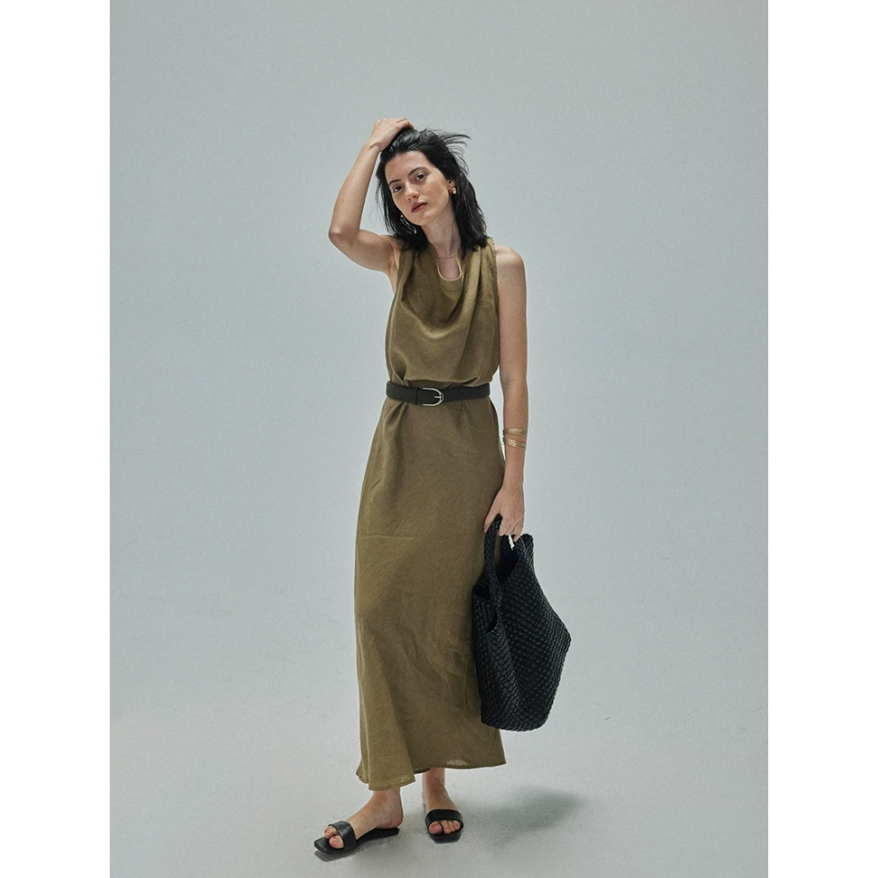 Vestido maxi sin mangas de lino de alta calidad para mujeres, personalizado al por mayor, para trabajo, oficina, negocios y vacaciones