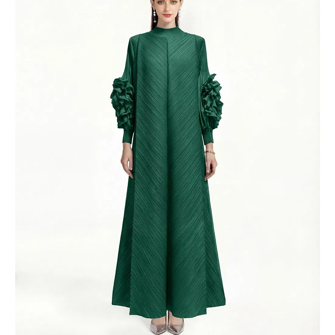 Vestido Vintage Plisado de Color Sólido para Mujeres Estilo Niche Ligero y Maduro Vestido Largo Suelto