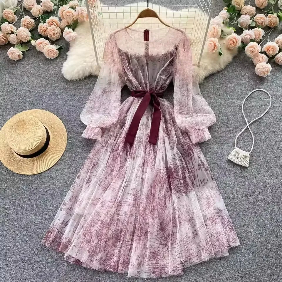 Vestido largo de encaje de ganchillo ventilado y de moda para mujeres de alta calidad