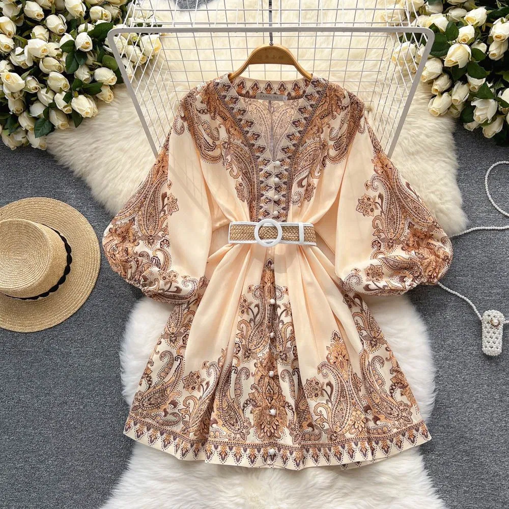 Diseñadora de Vestidos para Mujeres Vestidos de Primavera Moda Estampado Paisley Vestido Vintage Cuello en V Manga Larga de Linterna Vestido Mini con Cinturón
