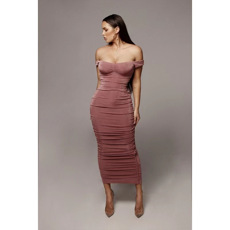 Vestido de noche elegante y sexy de tubo largo de terciopelo con fruncidos para mujeres