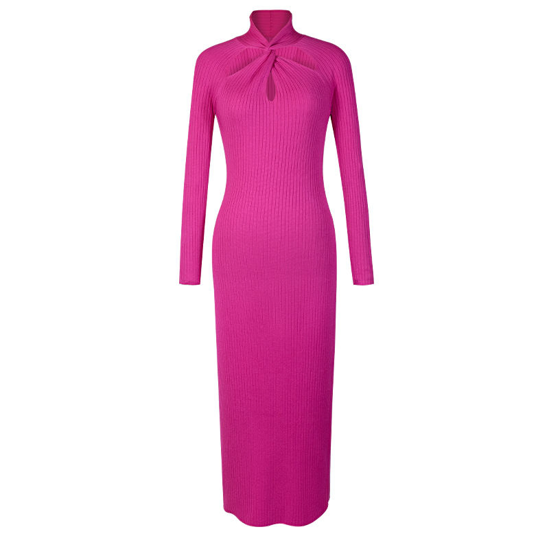 Vestido largo de punto azul claro de manga larga y cuello alto para mujeres elegantes, vestido ceñido de canalé para fiestas de cóctel