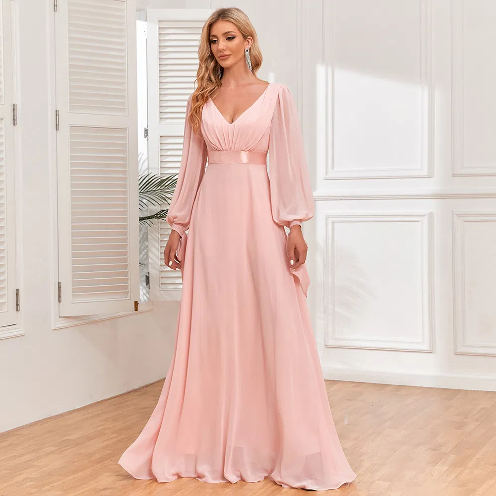 Vestido de noche elegante de doble escote en V con mangas largas de tul brillante, corte A, completamente forrado, para fiestas de boda