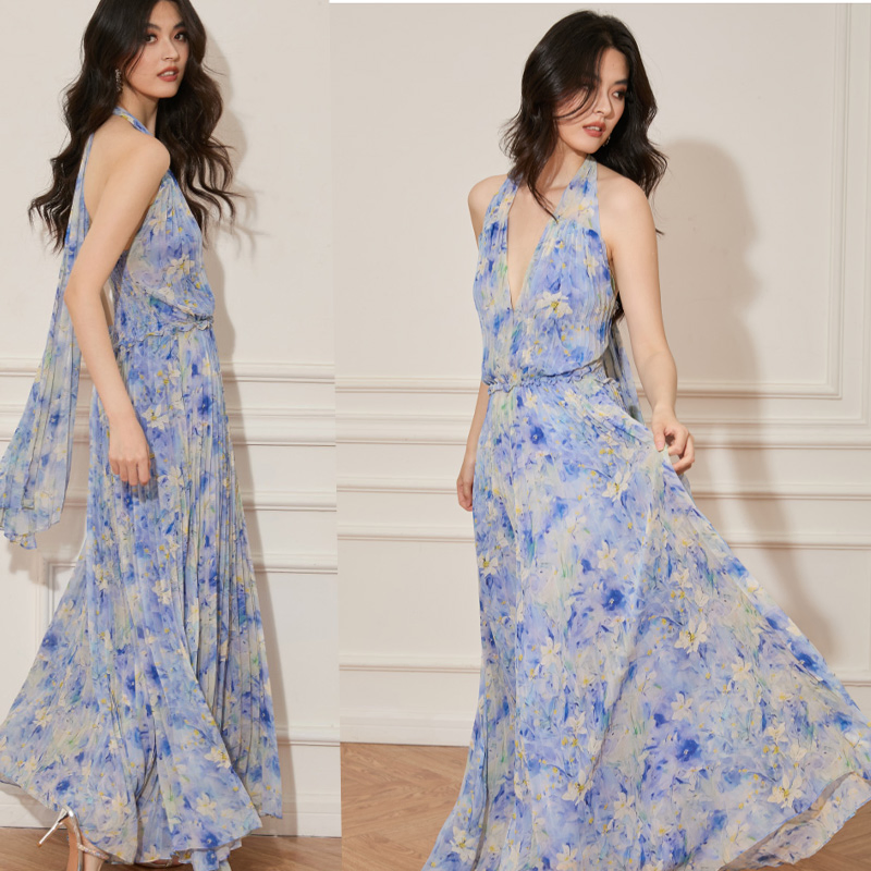 Vestidos de lujo personalizados para mujeres, elegante vestido de manga larga con estampado floral
