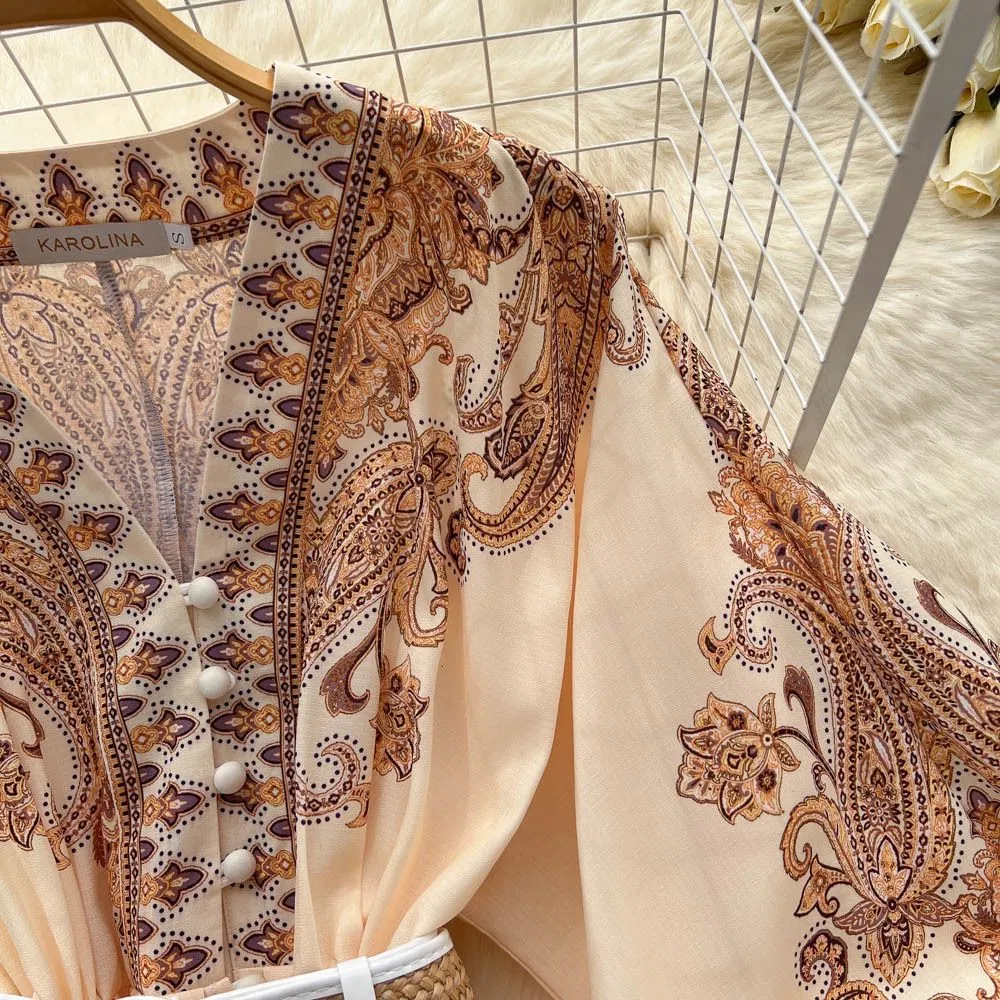 Diseñadora de Vestidos para Mujeres Vestidos de Primavera Moda Estampado Paisley Vestido Vintage Cuello en V Manga Larga de Linterna Vestido Mini con Cinturón