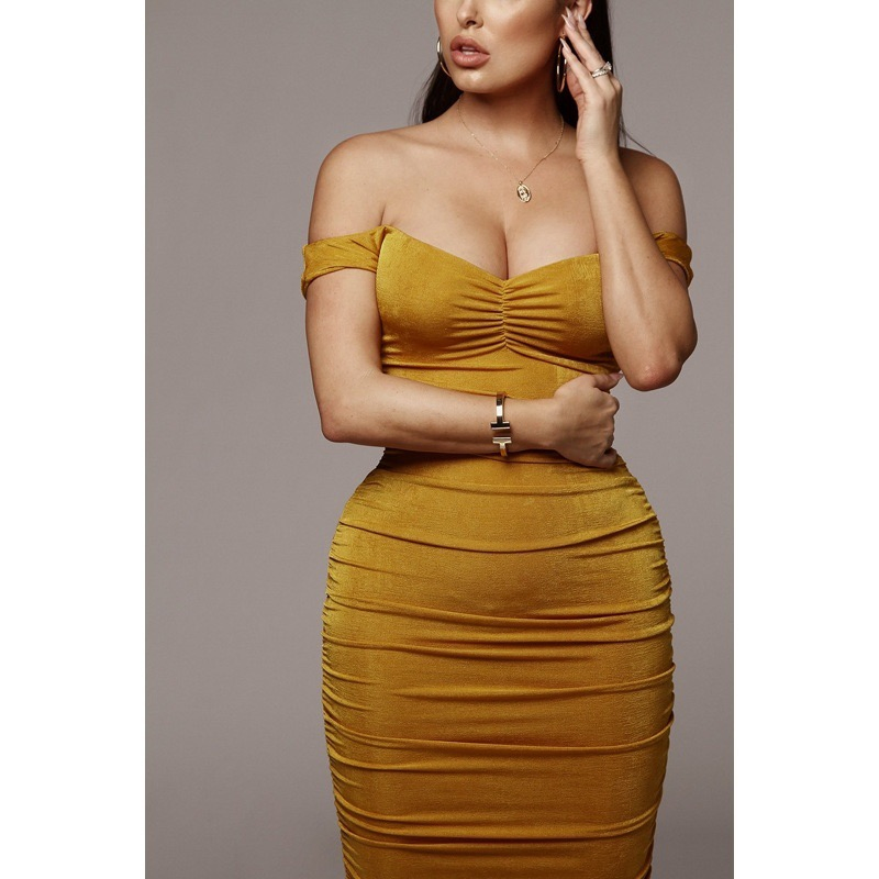 Vestido de noche elegante y sexy de tubo largo de terciopelo con fruncidos para mujeres