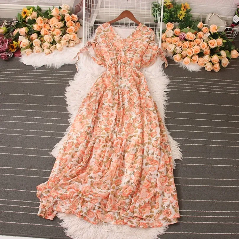 Vestido de hada largo y fluido vintage francés encantador para mujeres