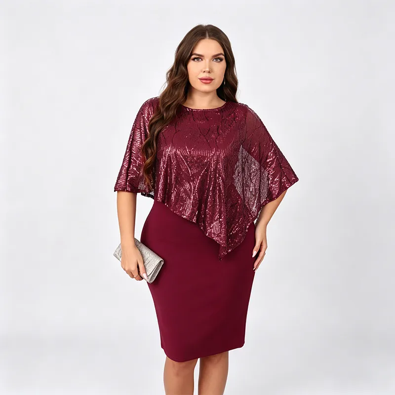 Vestido Bodycon con Superposición de Lentejuelas de Talla Grande al por Mayor, Vestido de Cóctel Elegante para la Noche, Conjunto Formal Halagador 2 para Mujeres Plus