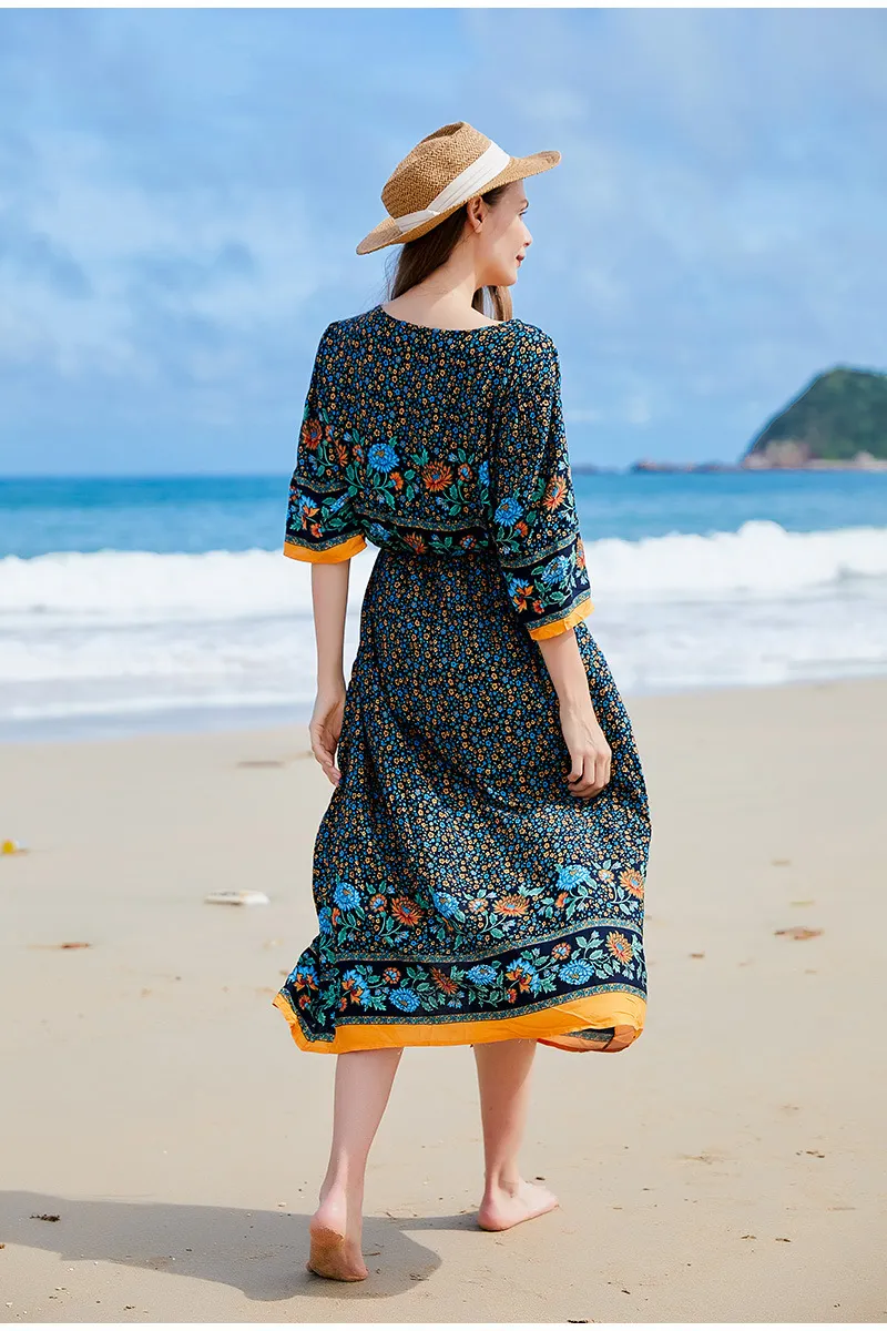 Vestido de vacaciones de playa con escote en V bohemio para mujeres de talla grande